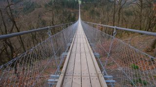 Link to Video | footbridge, landscape, Rhineland-Palatinate, tourist destination, bridge, suspension bridge, autumn, Hunsrück-Hochwald National Park, Germany, Geierlay, color, 4K resolution, Hunsrück, simple suspension bridge, valley, forest, daytime, Kastellaun, tourist attraction, Mörsdorf, nature, Rhein-Hunsrück-Kreis