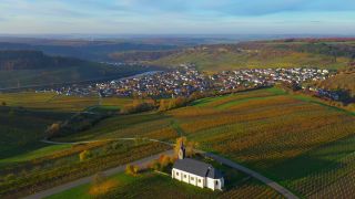 Link to Video | bird's-eye view, autumn leaf color, Rhineland-Palatinate, autumn, Upper Moselle, Moselle, Germany, Rochuskapelle, wine-producing region, vineyard, viticulture, Luxembourg, Nittel, Christian Church, transboundary river, aerial shot, Nittel, Obermoseltal, Mosel-Saar-Ruwer