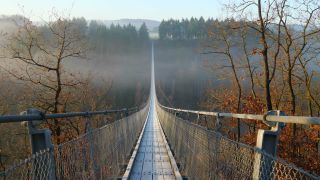 Link to Video | footbridge, landscape, Rhineland-Palatinate, tourist destination, bridge, suspension bridge, autumn, Hunsrück-Hochwald National Park, Germany, Geierlay, color, 4K resolution, landform, Hunsrück, footpath, simple suspension bridge, valley, forest, daytime, Kastellaun, tourist attraction, Sosberg, Mörsdorf, nature, architectural structure, thoroughfare, Rhein-Hunsrück-Kreis, point of interest
