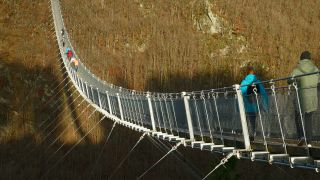 Link to Video | footbridge, landscape, Rhineland-Palatinate, tourist destination, bridge, suspension bridge, autumn, Hunsrück-Hochwald National Park, Germany, Geierlay, color, 4K resolution, landform, Hunsrück, footpath, simple suspension bridge, valley, forest, daytime, Kastellaun, tourist attraction, Sosberg, Mörsdorf, nature, architectural structure, thoroughfare, Rhein-Hunsrück-Kreis, point of interest