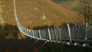 Link to Video | footbridge, landscape, Rhineland-Palatinate, tourist destination, bridge, suspension bridge, autumn, Hunsrück-Hochwald National Park, Germany, Geierlay, color, 4K resolution, landform, Hunsrück, footpath, simple suspension bridge, valley, forest, daytime, Kastellaun, tourist attraction, Sosberg, Mörsdorf, nature, architectural structure, thoroughfare, Rhein-Hunsrück-Kreis, point of interest