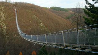 Link to Video | footbridge, landscape, Rhineland-Palatinate, tourist destination, bridge, suspension bridge, autumn, Hunsrück-Hochwald National Park, Germany, Geierlay, color, 4K resolution, landform, Hunsrück, footpath, simple suspension bridge, valley, forest, daytime, Kastellaun, tourist attraction, Sosberg, Mörsdorf, nature, architectural structure, thoroughfare, Rhein-Hunsrück-Kreis, point of interest