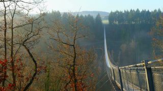 Link to Video | footbridge, landscape, Rhineland-Palatinate, tourist destination, bridge, suspension bridge, autumn, Hunsrück-Hochwald National Park, Germany, Geierlay, color, 4K resolution, landform, Hunsrück, footpath, simple suspension bridge, valley, forest, daytime, Kastellaun, tourist attraction, Sosberg, Mörsdorf, nature, architectural structure, thoroughfare, Rhein-Hunsrück-Kreis, point of interest