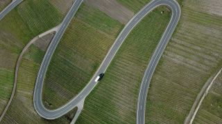 Link to Video | bird's-eye view, motor car, Germany, wine-producing region, vineyard, viticulture, road, Piesport, aerial shot, Mosel-Saar-Ruwer, motor vehicle, transport, thoroughfare