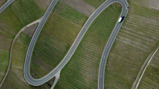 Link to Video | bird's-eye view, motor car, Germany, wine-producing region, vineyard, viticulture, road, Piesport, aerial shot, Mosel-Saar-Ruwer, motor vehicle, transport, thoroughfare