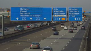 Link to Video | passenger car, traffic sign, road, vehicle, truck, controlled-access highway, Frankfurter Kreuz, transport, thoroughfare, Bundesautobahn 5