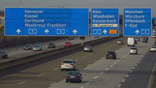 Link to Video | passenger car, traffic sign, road, vehicle, truck, controlled-access highway, Frankfurter Kreuz, transport, thoroughfare, Bundesautobahn 5