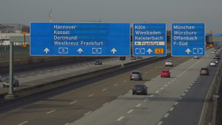 Link to Video | passenger car, traffic sign, road, vehicle, truck, controlled-access highway, Frankfurter Kreuz, transport, thoroughfare, Bundesautobahn 5
