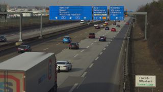 Link to Video | passenger car, traffic sign, road, vehicle, truck, controlled-access highway, Frankfurter Kreuz, transport, thoroughfare, Bundesautobahn 5