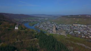 Link to Video | bird's-eye view, Rhineland-Palatinate, Moselle, Germany, wine-producing region, vineyard, castle, valley, river, aerial shot, Mosel-Saar-Ruwer, architectural structure
