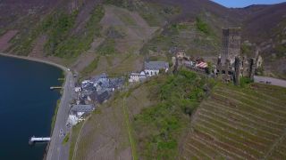 Link to Video | bird's-eye view, Rhineland-Palatinate, Moselle, Germany, wine-producing region, vineyard, castle, valley, river, aerial shot, Mosel-Saar-Ruwer, architectural structure