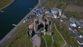 Link to Video | bird's-eye view, Rhineland-Palatinate, Moselle, Germany, wine-producing region, vineyard, castle, valley, river, aerial shot, Mosel-Saar-Ruwer, architectural structure