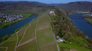 Link to Video | bird's-eye view, Rhineland-Palatinate, Moselle, Germany, wine-producing region, vineyard, castle, valley, river, aerial shot, Mosel-Saar-Ruwer, architectural structure