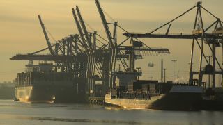 Link to Video | Hamburg, waterway, winter, city-state, big city, maritime transport, million city, Elbe, Germany, port settlement, ice, ice floe, river, port