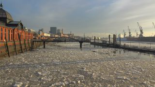 Link to Video | Hamburg, waterway, winter, city-state, big city, maritime transport, million city, Elbe, Germany, port settlement, ice, ice floe, river, port