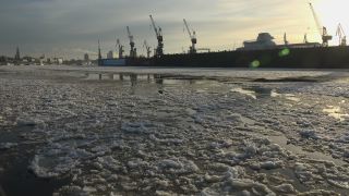 Link to Video | Hamburg, waterway, winter, city-state, big city, maritime transport, million city, Elbe, Germany, port settlement, ice, ice floe, river, port