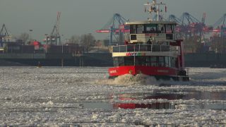 Link to Video | Hamburg, waterway, winter, city-state, big city, maritime transport, million city, Elbe, Germany, port settlement, ice, ice floe, river, port