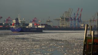 Link to Video | Hamburg, waterway, winter, city-state, big city, maritime transport, million city, Elbe, Germany, port settlement, ice, ice floe, river, port