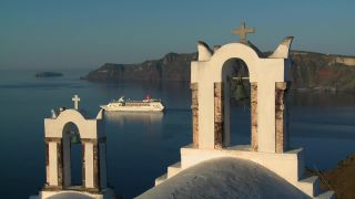 Link to Video | tourist destination, Santorini, sea, Cyclades, North Macedonia, island, Greek Islands, landform, Southern Europe, Aegean Sea, Greece, Europe, Mediterranean Sea, tourism, Mediterranean country, tourist attraction, travel, Mediterranean Basin, point of interest