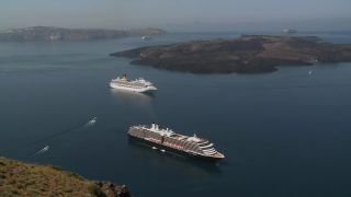 Link to Video | landscape, tourist destination, Santorini, sea, Cyclades, island, Greek Islands, landform, Southern Europe, Aegean Sea, Greece, Europe, Mediterranean Sea, Mediterranean country, tourist attraction, point of interest