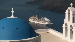 Link to Video | landscape, tourist destination, Santorini, sea, Cyclades, island, Greek Islands, landform, Southern Europe, Aegean Sea, Greece, Europe, Mediterranean Sea, Mediterranean country, tourist attraction, point of interest