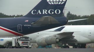 Link to Video | technology, airport, airport infrastructure, transport aircraft, Boeing 747-400F, air transport, logistics, logistics center, airplane, cargo aircraft, Luxembourg, air cargo, freight transport, vehicle, traffic, international airport, transport, industrial sector, Luxembourg Airport, Boeing 747-400, mobility