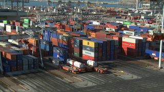 Link to Video | shipping container, maritime transport, logistics, transport hub, industry, Waren, Rotterdam, sea shipping, material flow, container terminal, Netherlands, freight terminal, trade, freight transport, lake transport, transport, trade item, motion, industrial sector, container