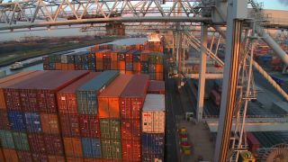 Link to Video | shipping container, maritime transport, logistics, transport hub, industry, Waren, Rotterdam, sea shipping, material flow, container terminal, Netherlands, freight terminal, trade, freight transport, lake transport, transport, trade item, motion, industrial sector, container