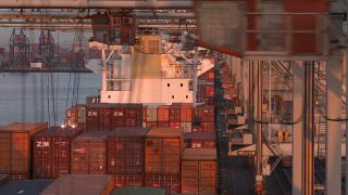 Link to Video | shipping container, maritime transport, logistics, transport hub, industry, Waren, Rotterdam, sea shipping, material flow, container terminal, Netherlands, freight terminal, trade, freight transport, lake transport, transport, trade item, motion, industrial sector, container