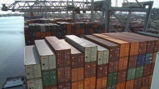 Link to Video | shipping container, maritime transport, logistics, transport hub, industry, Waren, Rotterdam, sea shipping, material flow, container terminal, Netherlands, freight terminal, trade, freight transport, lake transport, transport, trade item, motion, industrial sector, container