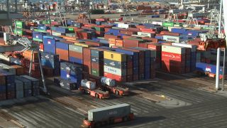 Link to Video | shipping container, maritime transport, logistics, transport hub, industry, Waren, Rotterdam, sea shipping, material flow, container terminal, Netherlands, freight terminal, trade, freight transport, lake transport, transport, trade item, motion, industrial sector, container