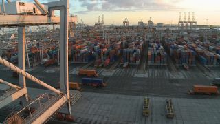 Link to Video | shipping container, maritime transport, logistics, transport hub, industry, Waren, Rotterdam, sea shipping, material flow, container terminal, Netherlands, freight terminal, trade, freight transport, lake transport, transport, trade item, motion, industrial sector, container