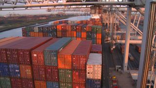 Link to Video | shipping container, maritime transport, logistics, transport hub, industry, Waren, Rotterdam, sea shipping, material flow, container terminal, Netherlands, freight terminal, trade, freight transport, lake transport, transport, trade item, motion, industrial sector, container
