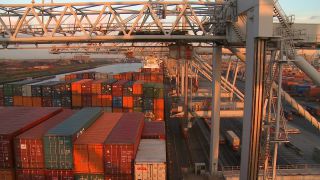 Link to Video | shipping container, maritime transport, logistics, transport hub, industry, Waren, Rotterdam, sea shipping, material flow, container terminal, Netherlands, freight terminal, trade, freight transport, lake transport, transport, trade item, motion, industrial sector, container