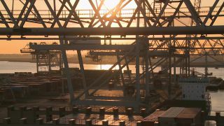 Link to Video | shipping container, maritime transport, logistics, transport hub, industry, Waren, Rotterdam, sea shipping, material flow, container terminal, Netherlands, freight terminal, trade, freight transport, lake transport, transport, trade item, motion, industrial sector, container