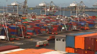 Link to Video | shipping container, maritime transport, logistics, transport hub, industry, Waren, Rotterdam, sea shipping, material flow, container terminal, Netherlands, freight terminal, trade, freight transport, lake transport, transport, trade item, motion, industrial sector, container
