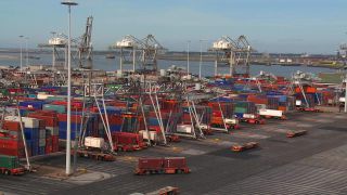 Link to Video | shipping container, maritime transport, logistics, transport hub, industry, Waren, Rotterdam, sea shipping, material flow, container terminal, Netherlands, freight terminal, trade, freight transport, lake transport, transport, trade item, motion, industrial sector, container
