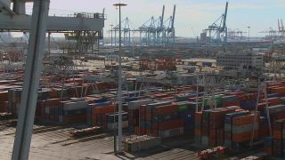 Link to Video | shipping container, maritime transport, logistics, transport hub, industry, Waren, Rotterdam, sea shipping, material flow, container terminal, Netherlands, freight terminal, trade, freight transport, lake transport, transport, trade item, motion, industrial sector, container