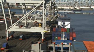 Link to Video | shipping container, maritime transport, logistics, transport hub, industry, Waren, Rotterdam, sea shipping, material flow, container terminal, Netherlands, freight terminal, trade, freight transport, lake transport, transport, trade item, motion, industrial sector, container