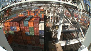 Link to Video | shipping container, maritime transport, logistics, transport hub, industry, Waren, Rotterdam, sea shipping, material flow, container terminal, Netherlands, freight terminal, trade, freight transport, lake transport, transport, trade item, motion, industrial sector, container