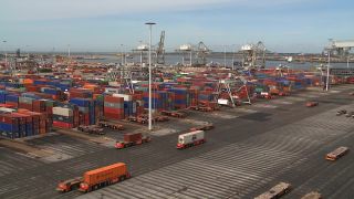 Link to Video | shipping container, maritime transport, logistics, transport hub, industry, Waren, Rotterdam, sea shipping, material flow, container terminal, Netherlands, freight terminal, trade, freight transport, lake transport, transport, trade item, motion, industrial sector, container