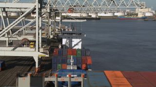 Link to Video | shipping container, maritime transport, logistics, transport hub, industry, Waren, Rotterdam, sea shipping, material flow, container terminal, Netherlands, freight terminal, trade, freight transport, lake transport, transport, trade item, motion, industrial sector, container