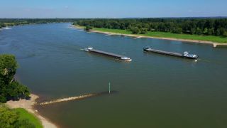 Link to Video | cargo ship, landscape, bird's-eye view, transport, cargo shipping, logistics, Germany, Zons, Central Europe, water, Dormagen, river, Europe, aerial shot, natural watercourse