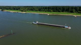 Link to Video | cargo ship, landscape, bird's-eye view, transport, cargo shipping, logistics, Germany, Zons, Central Europe, water, Dormagen, river, Europe, aerial shot, natural watercourse