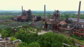 Link to Video | historic site, bird's-eye view, North Rhine-Westphalia, industrial heritage site, Rhine-Ruhr Metropolitan Region, Germany, cultural property, cultural heritage, park, heritage site, cultural environment in Norway, Europe, aerial shot, Landschaftspark Duisburg-Nord, tourist attraction, industrial sector