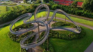 Link to Video | Ulrich Genth, creative work, Tiger and Turtle – Magic Mountain, Germany, Heike Mutter, Heike Mutter and Ulrich Genth, Duisburg, region of interest, Central Europe, metal artwork, Europe, aerial shot, Angerpark, tourist attraction, work of art, sculpture, point of interest, Metall