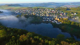 Link to Video | landscape, bird's-eye view, Eifel, maar, Dauner Maare, fog, aerial shot, Vulkan Eifel