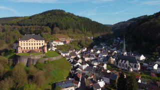 Link to Video | bird's-eye view, Eifel, Germany, Europe, aerial shot, village, Malberg, château