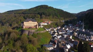 Link to Video | bird's-eye view, Eifel, Germany, Europe, aerial shot, village, Malberg, château