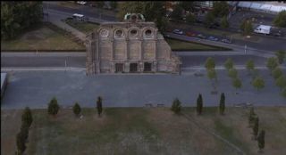 Link to Photo | ruins, Anhalter Bahnhof, Germany, portico, screenshot, color, 35 mm film, Überrest, high-angle shot, historic building, aerial shot, capital city, tourist attraction, photographic film, Berlin, Berlin Babylon